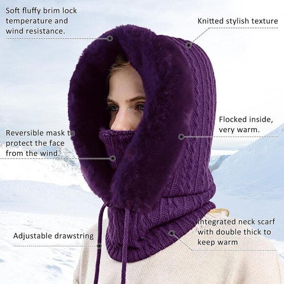 Women Purple Polyester Warm Thick Fluff Beanie Adult Neck Face Winter Balaclava - Picture 2 of 7